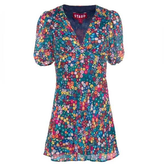 STAUD Rainbow Floral Milla Mini Dress – Size 8, NWoT, V-Neck with Puff Sleeves! - Picture 3 of 3